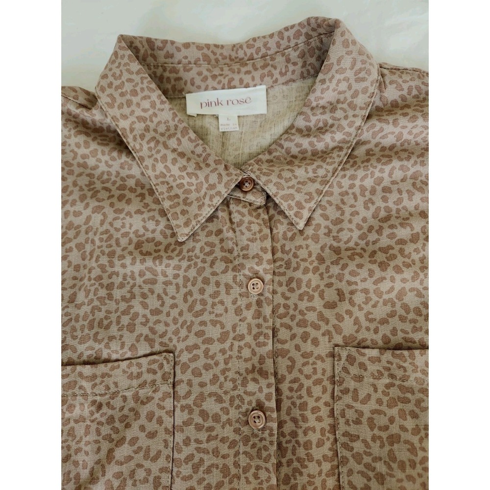 Pink Rose Women's Large 100% Rayon Leopard Print Long Sleeve Button Flirt Blouse - Picture 3 of 12